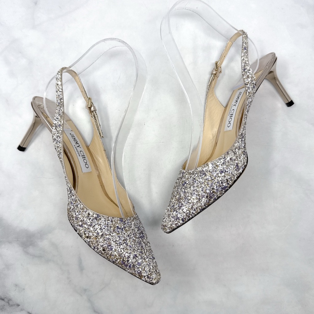 Jimmy Choo Erin 60 Platinum Glitter Pointed Toe Slingback Kitten Heel Pumps 38 - Picture 8 of 16
